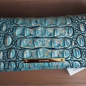 Brahmin Melbourne ADY Slim Bifold Leather Wallet ARCTIC BLUE Silver Metallic NWT